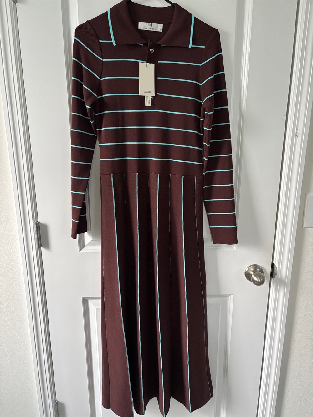 Anthropologie Brown Midi Polo Dress with Aqua Stripes